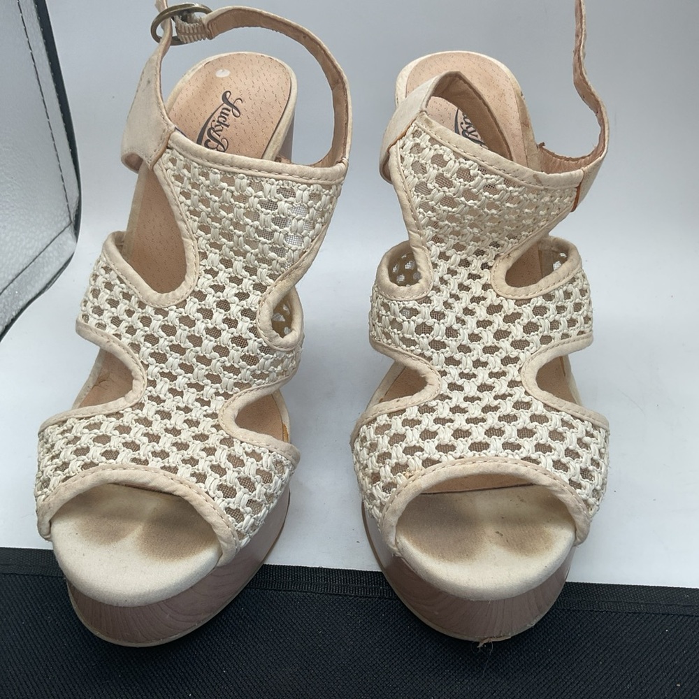 Lucky Brand - Open Toe Heel Strap Wedge Sandals - Beige - Ladies Size 8.5M